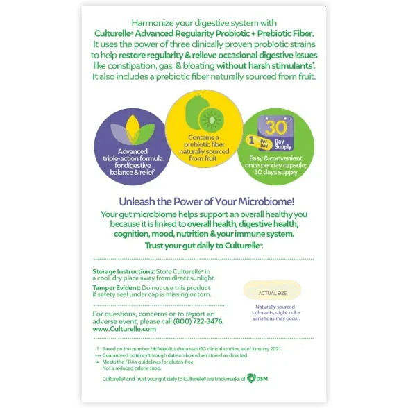 Culturelle Advanced Regularity Daily Probiotic   Prebiotic Fiber Capsules - 30 Ct