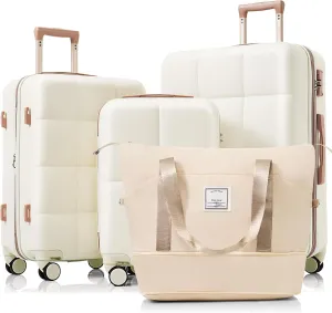 Durable 4-Piece Luggage Set with USB Port, Expandable Travel Bags, Easy Maneuvering Spinner Wheels, Beige