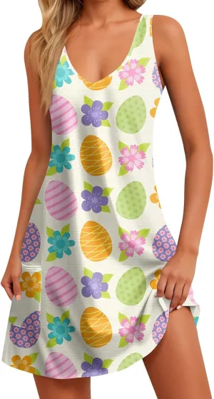 Eastern Dress for Women Cowl Neck Easter Bunny Sun Dresses 2025 Vacation Date Night Floral Festive Easter Eggs Brunch Dresses