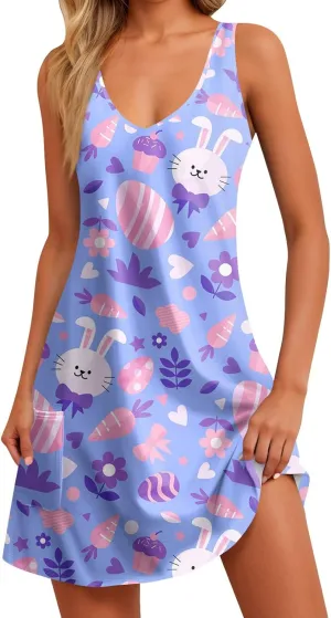 Eastern Dress for Women Cowl Neck Easter Bunny Sun Dresses 2025 Vacation Date Night Floral Festive Easter Eggs Brunch Dresses