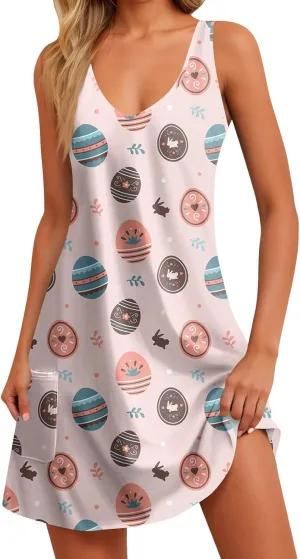 Eastern Dress for Women Cowl Neck Easter Bunny Sun Dresses 2025 Vacation Date Night Floral Festive Easter Eggs Brunch Dresses