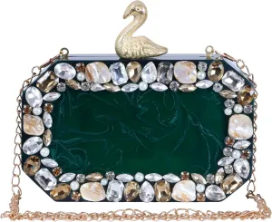 Elegant Evening Clutch Purse, Green Marble Pattern with Crystal Gems, Gold Swan Clasp, Chain Strap