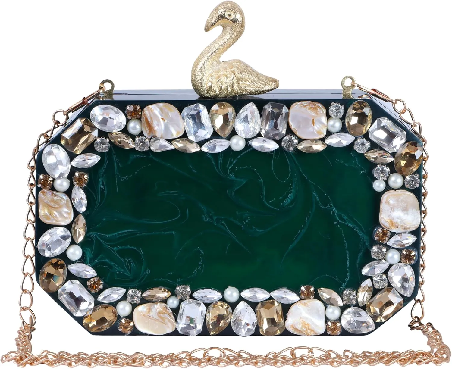 Elegant Evening Clutch Purse, Green Marble Pattern with Crystal Gems, Gold Swan Clasp, Chain Strap