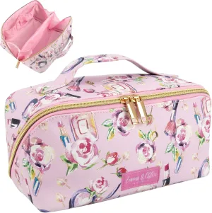 Emma & Chloe Compact Cosmetic Bag with Compartments | 6 Sections Waterproof Travel Toiletry Makeup Case for Women  180 Easy Open Bag (Fresh Florals)