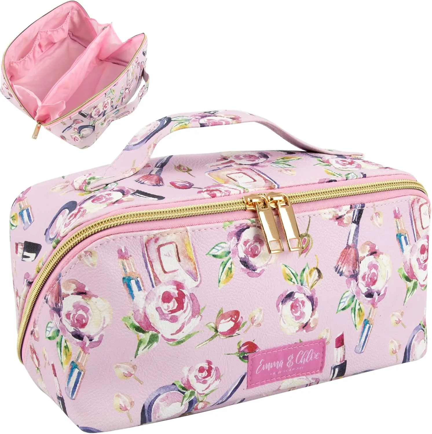 Emma & Chloe Compact Cosmetic Bag with Compartments | 6 Sections Waterproof Travel Toiletry Makeup Case for Women  180 Easy Open Bag (Fresh Florals)