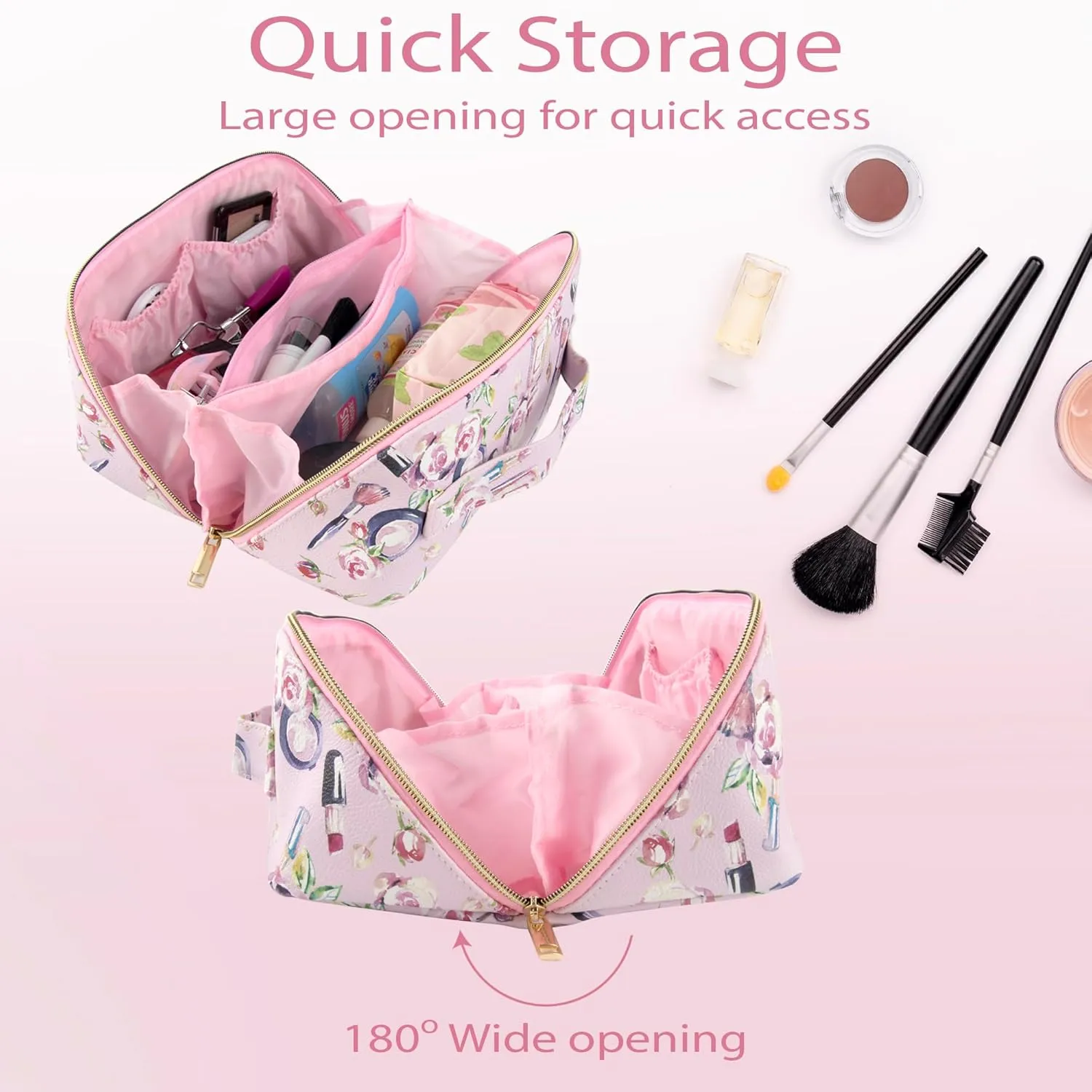Emma & Chloe Compact Cosmetic Bag with Compartments | 6 Sections Waterproof Travel Toiletry Makeup Case for Women  180 Easy Open Bag (Fresh Florals)