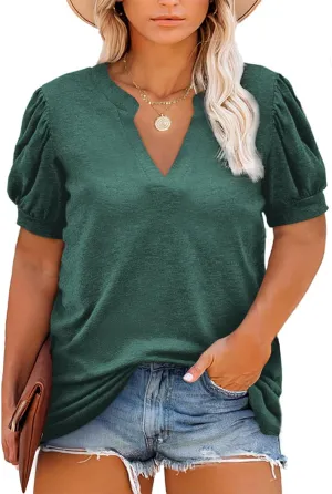 Eytino Womens Plus Size Tops V Neck Puff Short Sleeve Summer Loose Casual Solid Tees Shirts(1X-5X)
