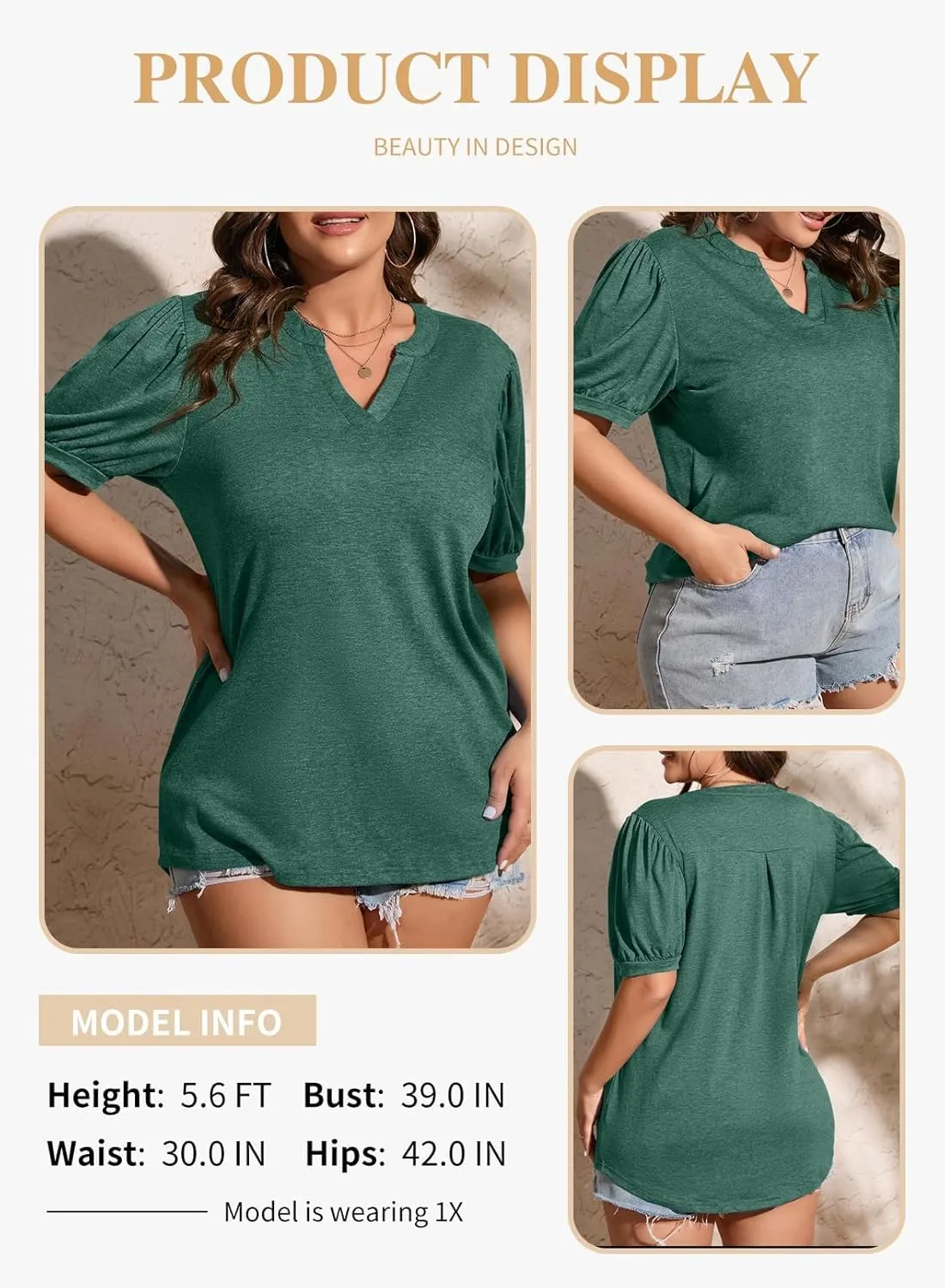 Eytino Womens Plus Size Tops V Neck Puff Short Sleeve Summer Loose Casual Solid Tees Shirts(1X-5X)