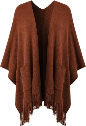 Ferand Women's Shawl Wraps with Pockets Open Front Fringe Poncho Cozy Knit Lightweight Cardigan Sweater