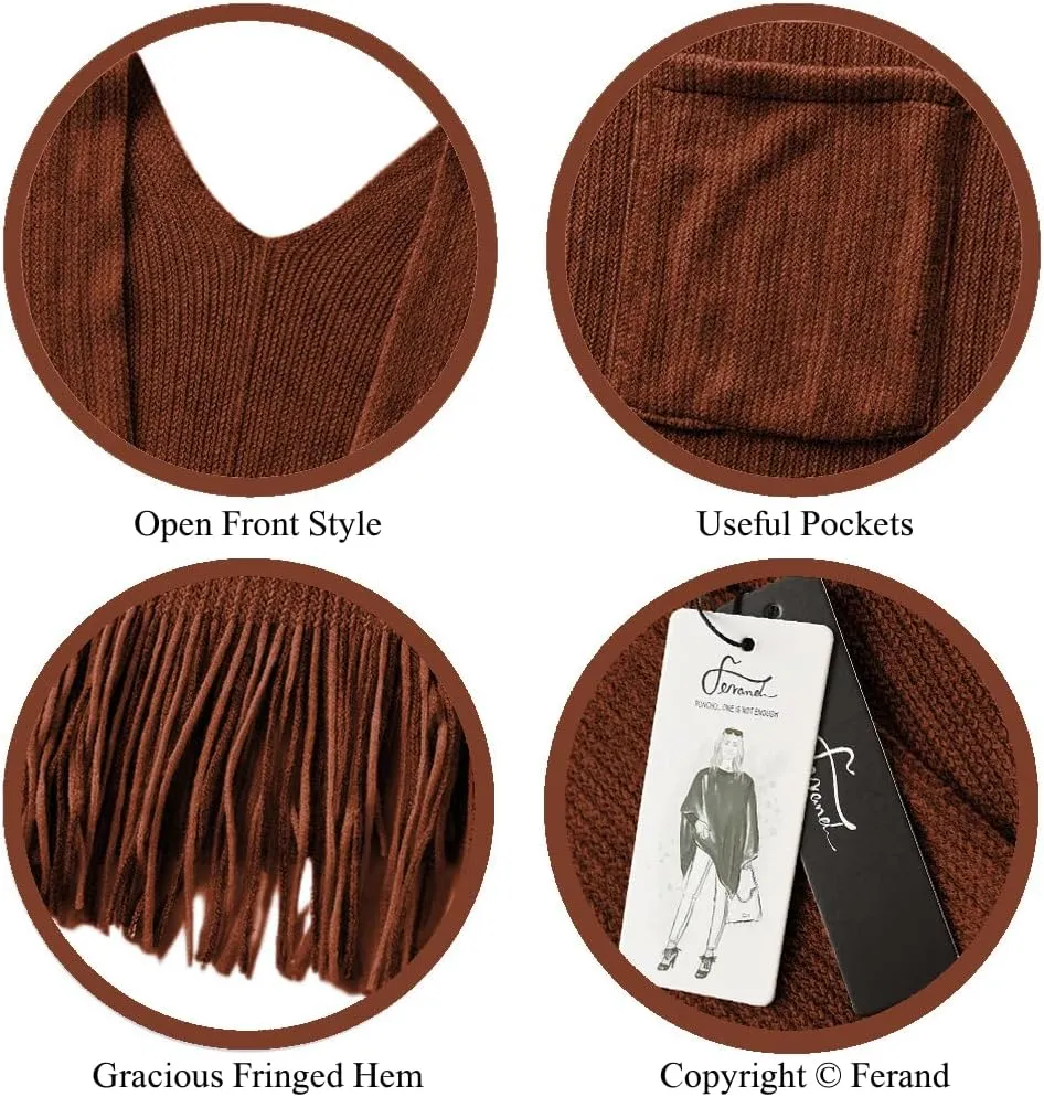 Ferand Women's Shawl Wraps with Pockets Open Front Fringe Poncho Cozy Knit Lightweight Cardigan Sweater