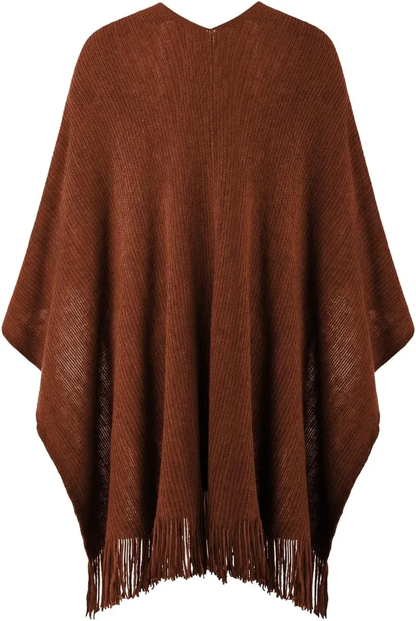 Ferand Women's Shawl Wraps with Pockets Open Front Fringe Poncho Cozy Knit Lightweight Cardigan Sweater