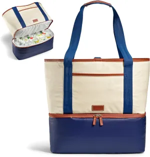 Fit & Fresh Narragansett 2-in-1 Tote with Cooler Compartment, Removable Accessory Pouch, Insulated Beach Bag, Leakproof, Water Resistant, Pool Essential, Holds 16 Cans, Navy