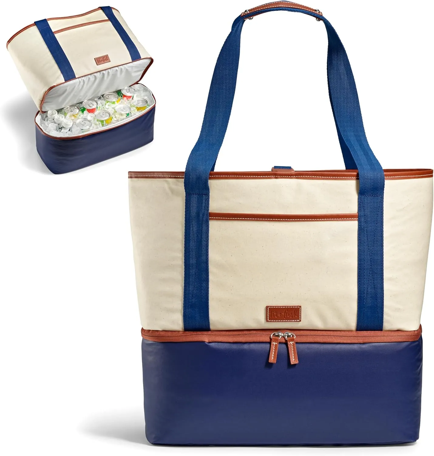 Fit & Fresh Narragansett 2-in-1 Tote with Cooler Compartment, Removable Accessory Pouch, Insulated Beach Bag, Leakproof, Water Resistant, Pool Essential, Holds 16 Cans, Navy
