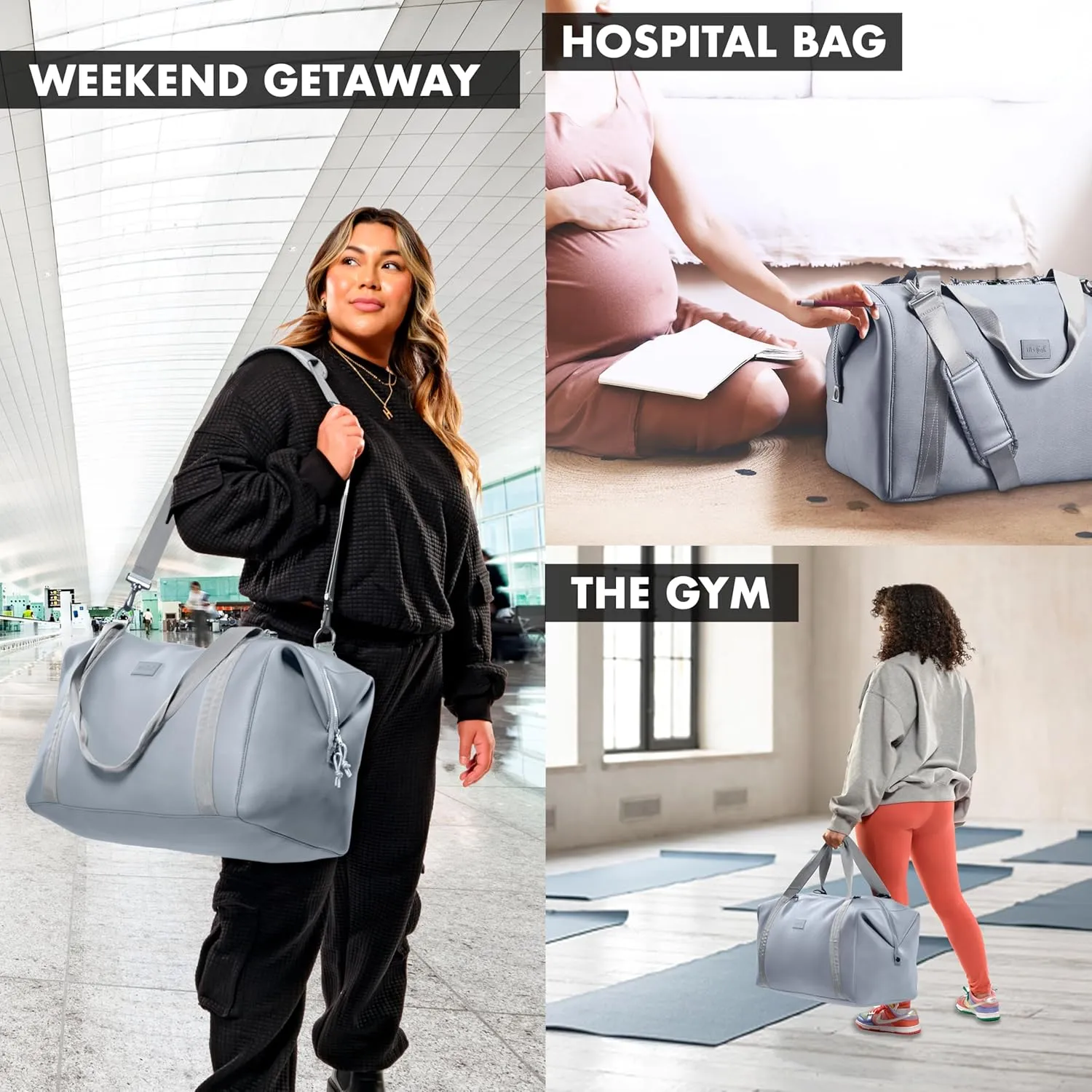 Fit & Fresh Premium Neoprene Weekender Bag With Trolley Sleeve - Large Overnight, Carry-on, Duffel, Gym, and Hospital Bag for Labor & Delivery