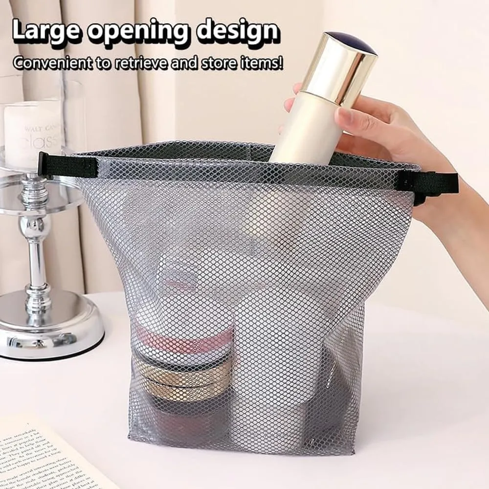 Folding Travel Storage Bag PEVA Mesh Wash Bag,High Capacity Carryall Transparent Snap Toiletry Bag,Waterproof Tote Cosmetic Storage handbag,Convenient Snap Button (Large)