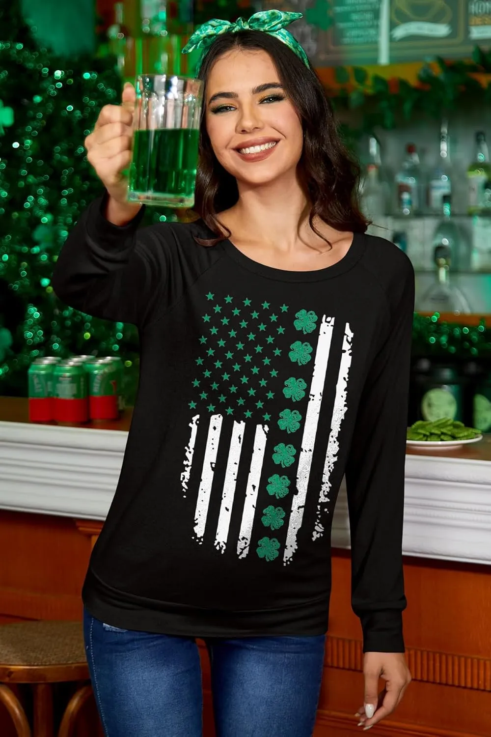 For G and PL Women's St. Patrick's Day Green Long Sleeve Sweatshirt Funny Casual Irish Shirt