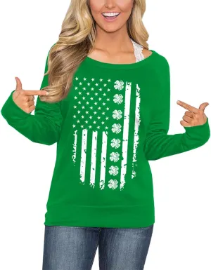 For G and PL Women's St. Patrick's Day Green Long Sleeve Sweatshirt Funny Casual Irish Shirt