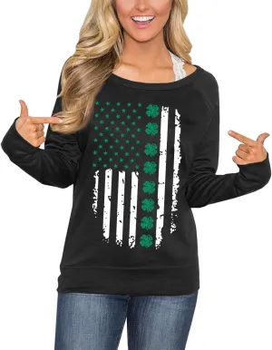 For G and PL Women's St. Patrick's Day Green Long Sleeve Sweatshirt Funny Casual Irish Shirt