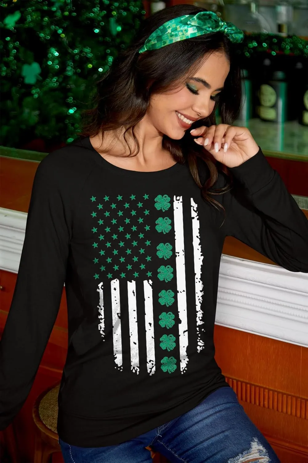 For G and PL Women's St. Patrick's Day Green Long Sleeve Sweatshirt Funny Casual Irish Shirt