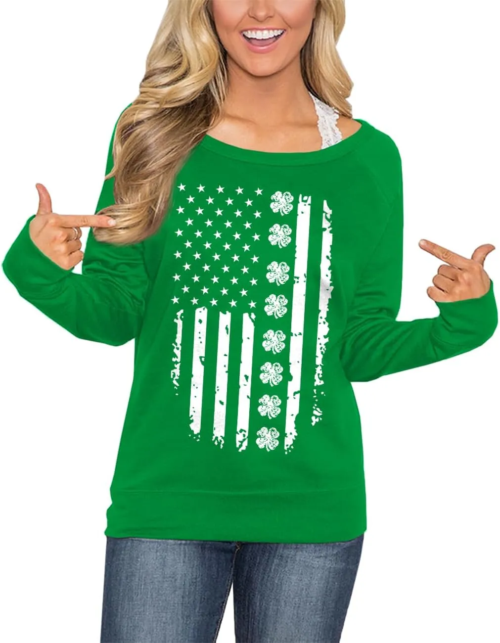 For G and PL Women's St. Patrick's Day Green Long Sleeve Sweatshirt Funny Casual Irish Shirt
