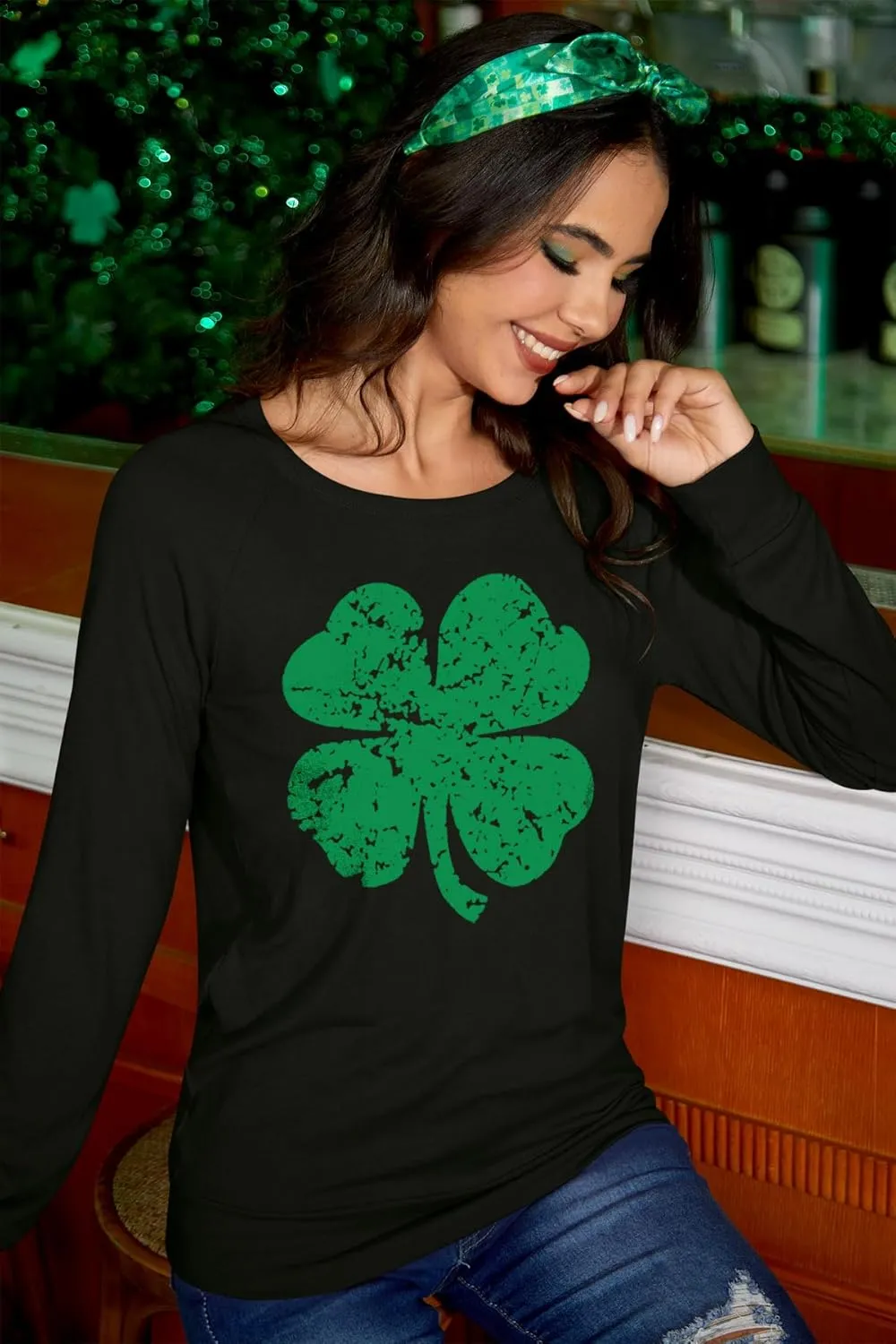 For G and PL Women's St. Patrick's Day Green Long Sleeve Sweatshirt Funny Casual Irish Shirt