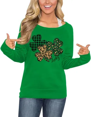 For G and PL Women's St. Patrick's Day Green Long Sleeve Sweatshirt Funny Casual Irish Shirt
