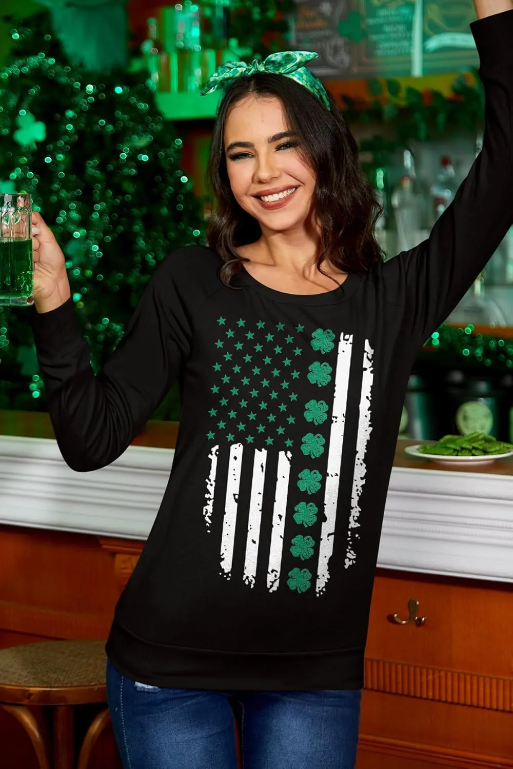For G and PL Women's St. Patrick's Day Green Long Sleeve Sweatshirt Funny Casual Irish Shirt