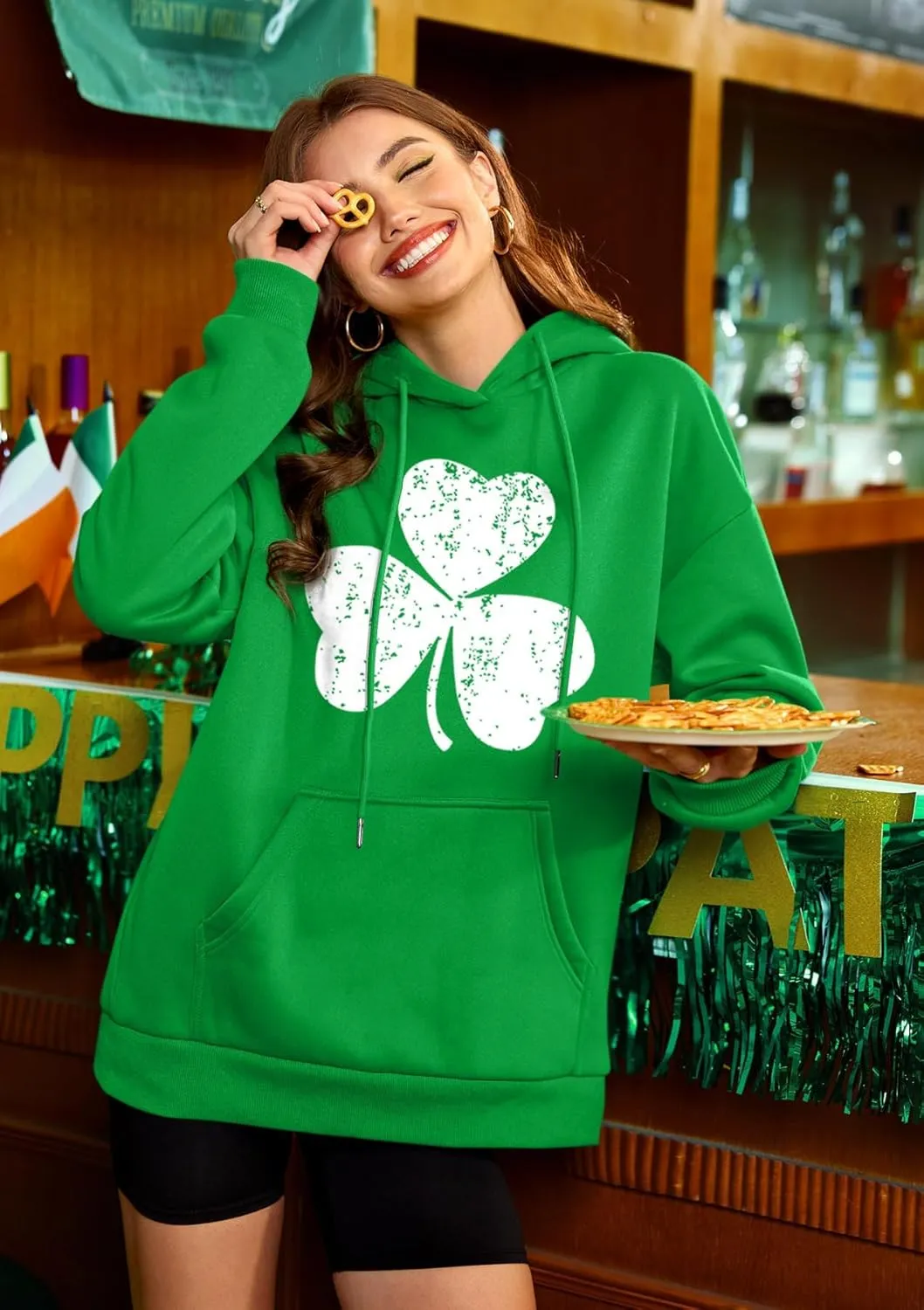 For G and PL Women's St. Patrick's Green Hoodie Long Sleeve Shamrock Print Sweatshirt with Pocket