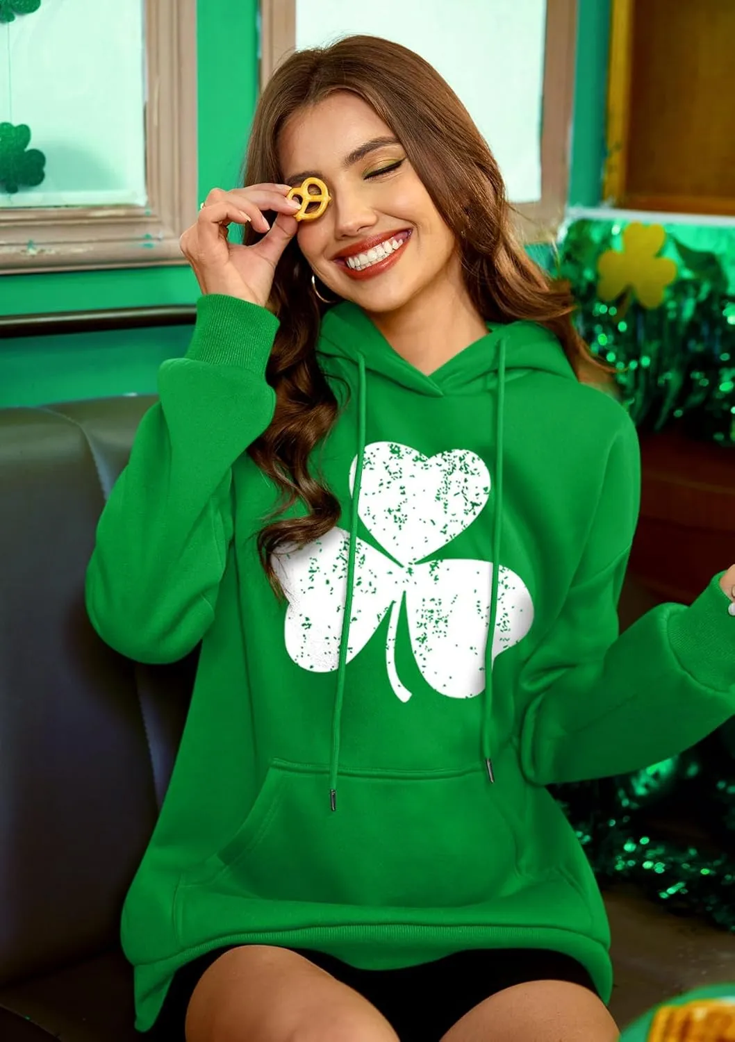 For G and PL Women's St. Patrick's Green Hoodie Long Sleeve Shamrock Print Sweatshirt with Pocket