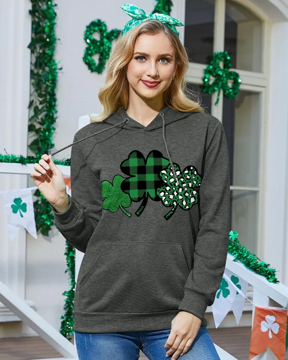 For G and PL Women's St. Patrick's Green Hoodie Long Sleeve Shamrock Print Sweatshirt with Pocket