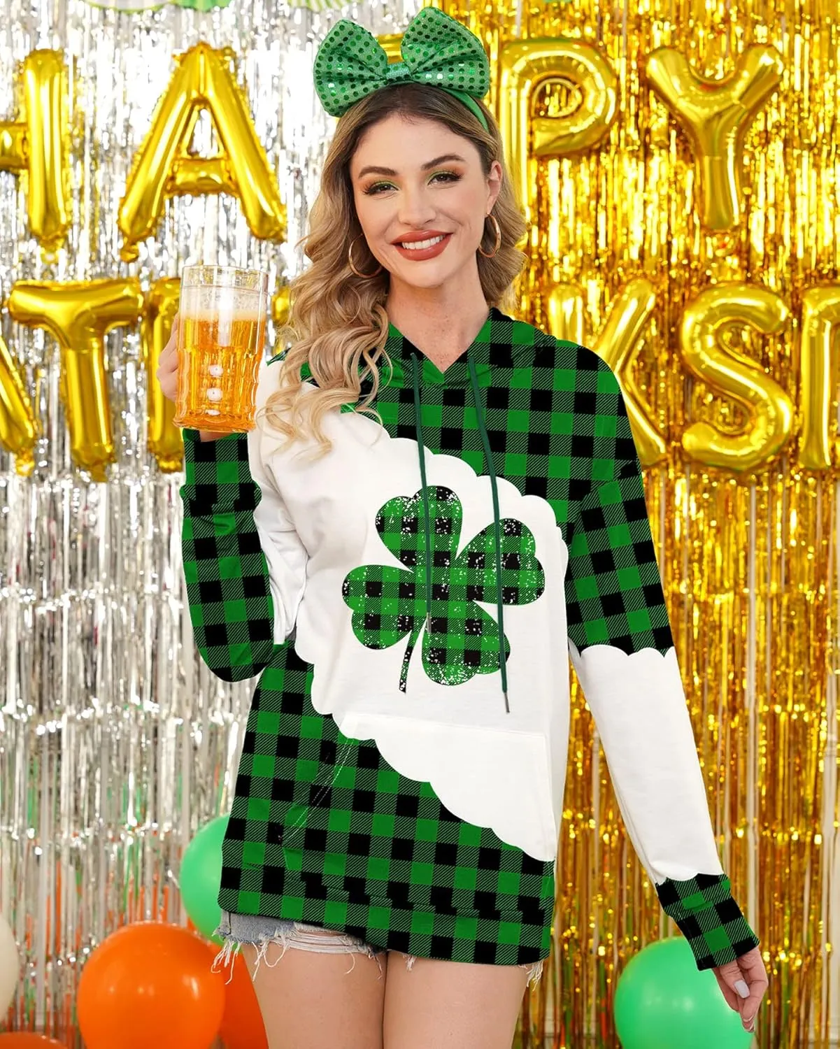 For G and PL Women's St. Patrick's Long Sleeve Shamrock Hoodie with Pockets