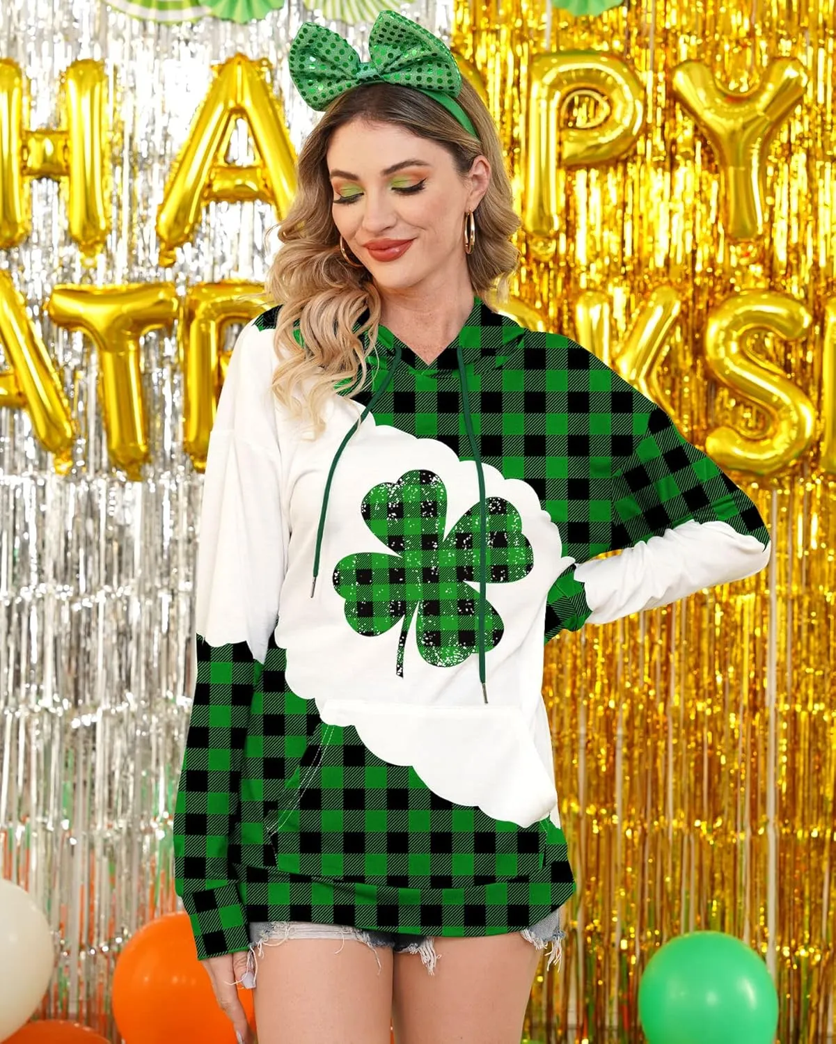 For G and PL Women's St. Patrick's Long Sleeve Shamrock Hoodie with Pockets