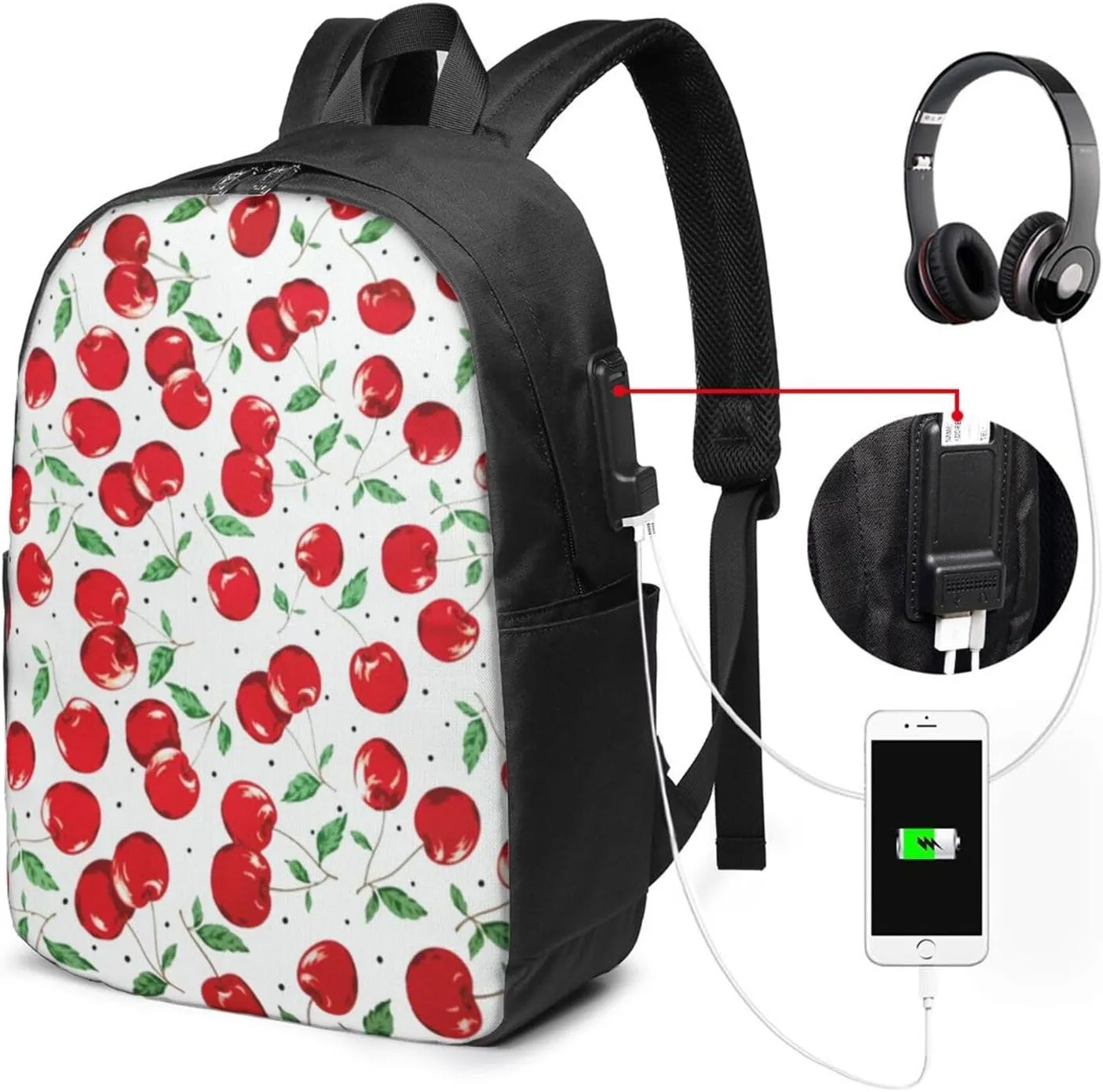 Fresh Cherries Backpack, 17 Inch Travel Business Laptop Backpack With USB Port for Women Men