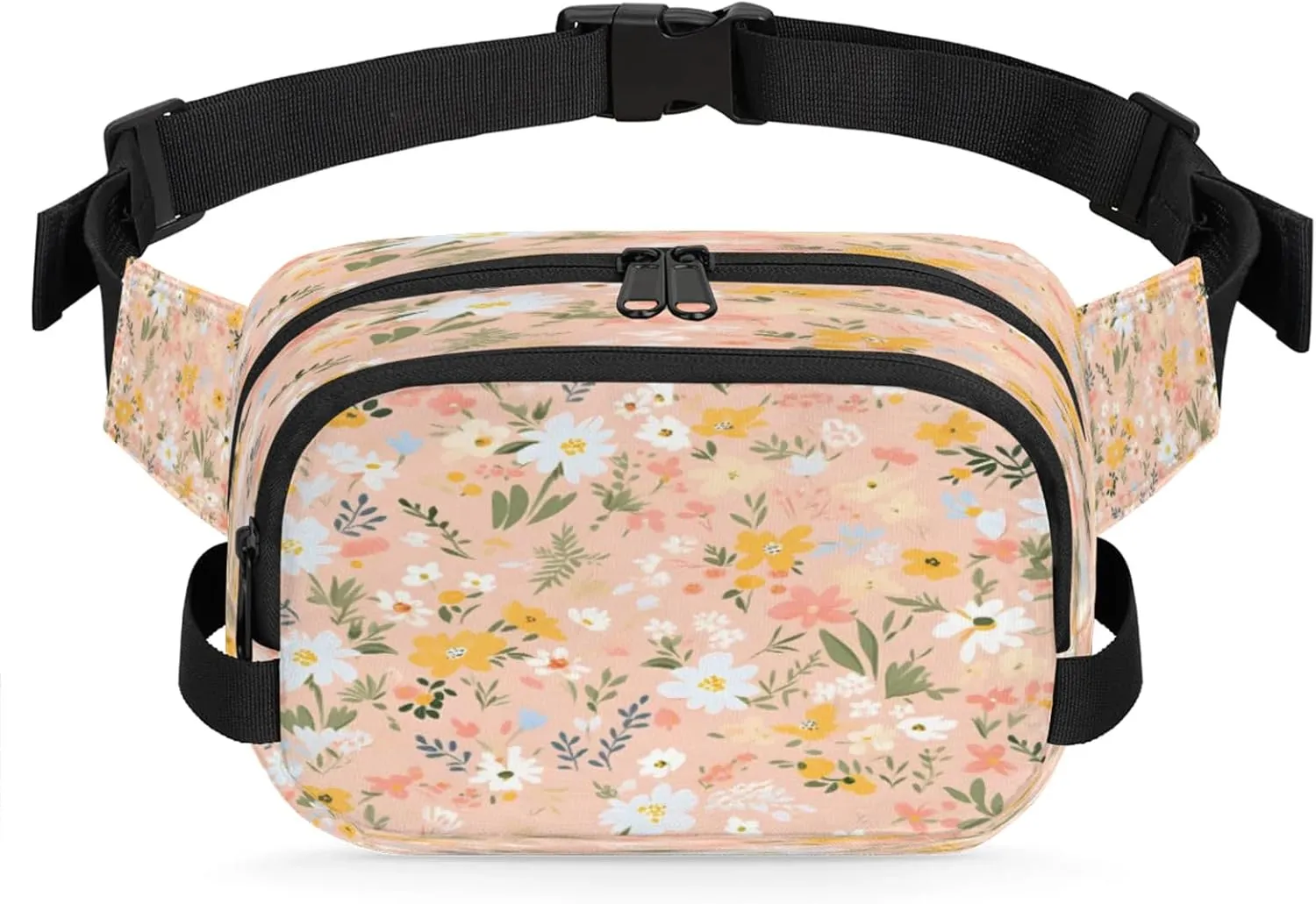 Fresh Floral Design Waterproof Unisex Square Fanny Pack, Adjustable Waist Bag with Pockets, Sturdy Lightweight Crossbody Bag for Travel, Running, Hiking (9x6.1x2.5 Inches)