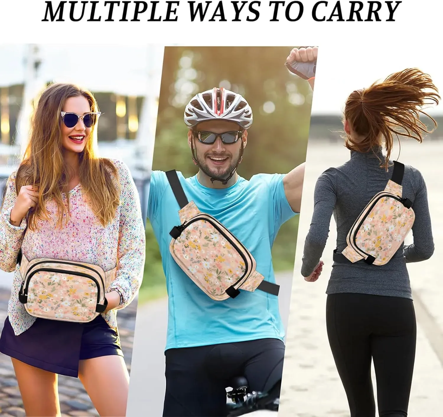 Fresh Floral Design Waterproof Unisex Square Fanny Pack, Adjustable Waist Bag with Pockets, Sturdy Lightweight Crossbody Bag for Travel, Running, Hiking (9x6.1x2.5 Inches)