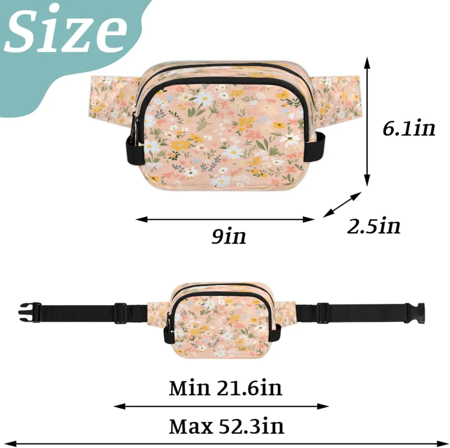 Fresh Floral Design Waterproof Unisex Square Fanny Pack, Adjustable Waist Bag with Pockets, Sturdy Lightweight Crossbody Bag for Travel, Running, Hiking (9x6.1x2.5 Inches)