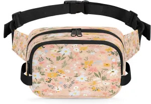 Fresh Floral Design Waterproof Unisex Square Fanny Pack, Adjustable Waist Bag with Pockets, Sturdy Lightweight Crossbody Bag for Travel, Running, Hiking (9x6.1x2.5 Inches)