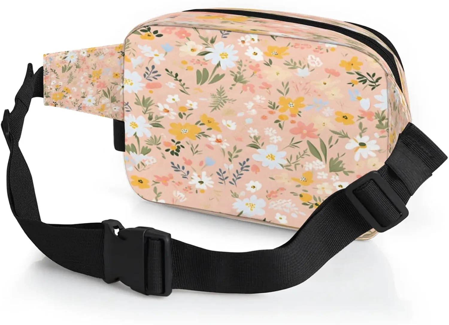 Fresh Floral Design Waterproof Unisex Square Fanny Pack, Adjustable Waist Bag with Pockets, Sturdy Lightweight Crossbody Bag for Travel, Running, Hiking (9x6.1x2.5 Inches)