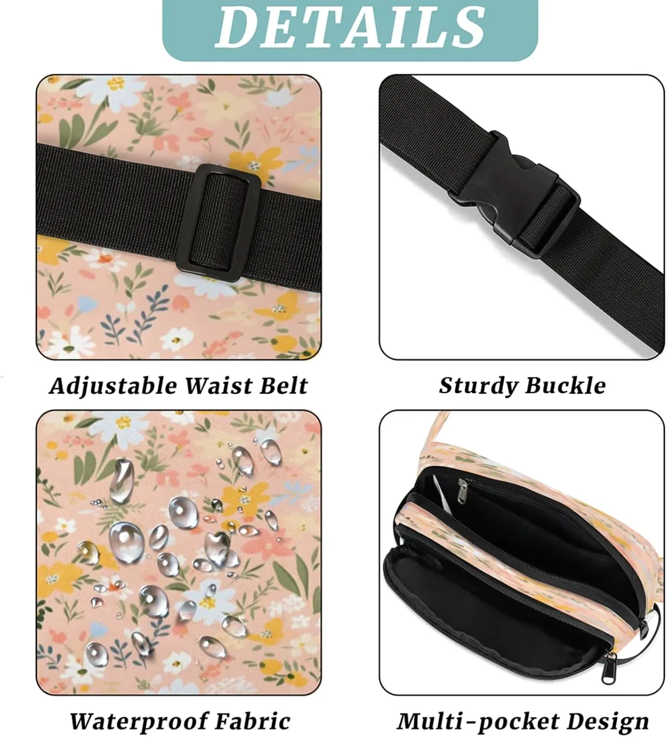 Fresh Floral Design Waterproof Unisex Square Fanny Pack, Adjustable Waist Bag with Pockets, Sturdy Lightweight Crossbody Bag for Travel, Running, Hiking (9x6.1x2.5 Inches)