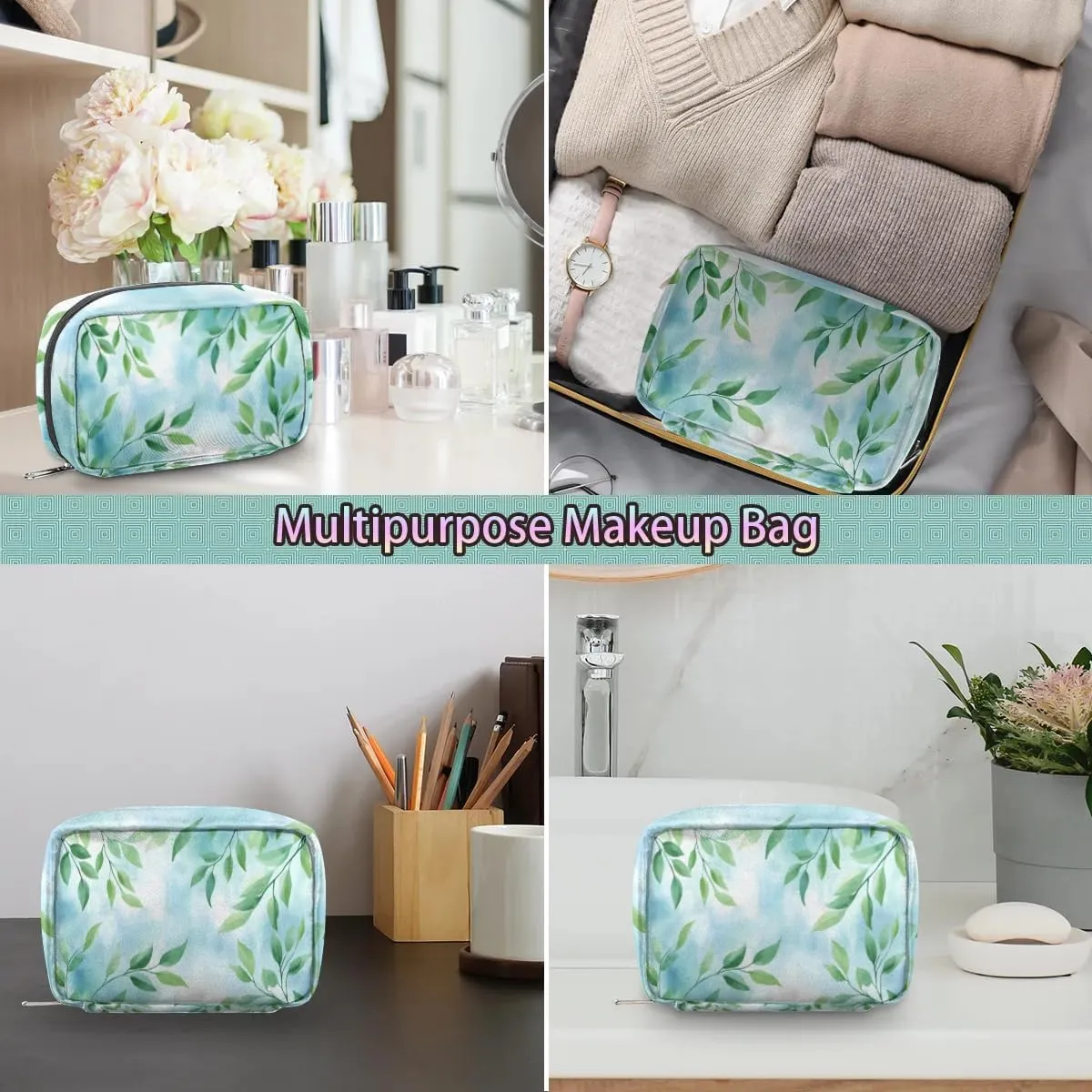 Fresh Green Leaves Makeup Bag Zipper Pouch Travel Cosmetic Organizer for Women Eucalyptus Travel Toiletry Bag Waterproof Shaving Bag for Men Travel Toiletries