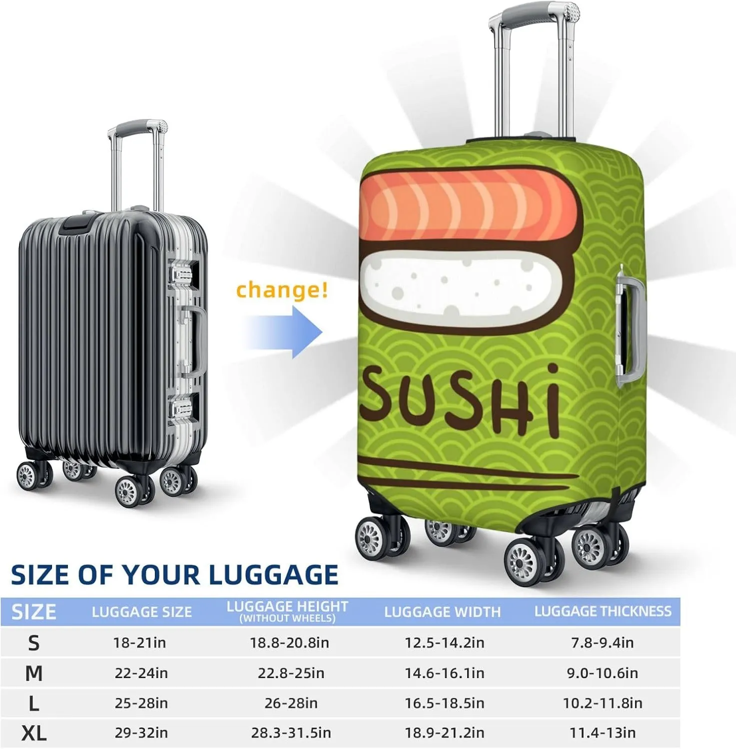 Fresh Sushi Luggage Cover Washable Elasticated Luggage Covers for Suitcase tsa Approved Stylish Dust and Scratch Resistant Luggage Case Protector for Kids and Adults -
