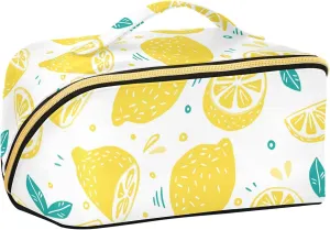 Fresh Yellow Lemons Large Capacity Travel Cosmetic Bag Makeup Bag Open Flat Makeup Organizer with Handle and Divider Travel Toiletry Bags for Women Girls