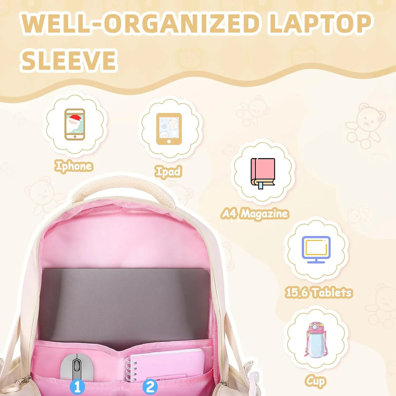 Girls Backpack, Kids Backpack for Girls with Anti-theft Back Pocket, Lightweight School Back Pack, Watrer Resistant, Bookbag for Elementary Primary School, Beige
