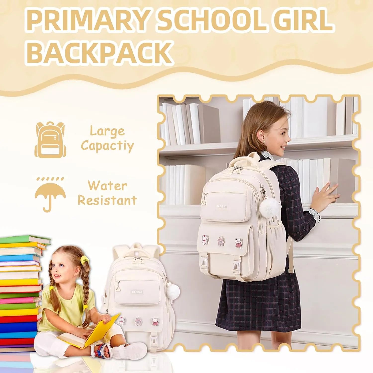 Girls Backpack, Kids Backpack for Girls with Anti-theft Back Pocket, Lightweight School Back Pack, Watrer Resistant, Bookbag for Elementary Primary School, Beige