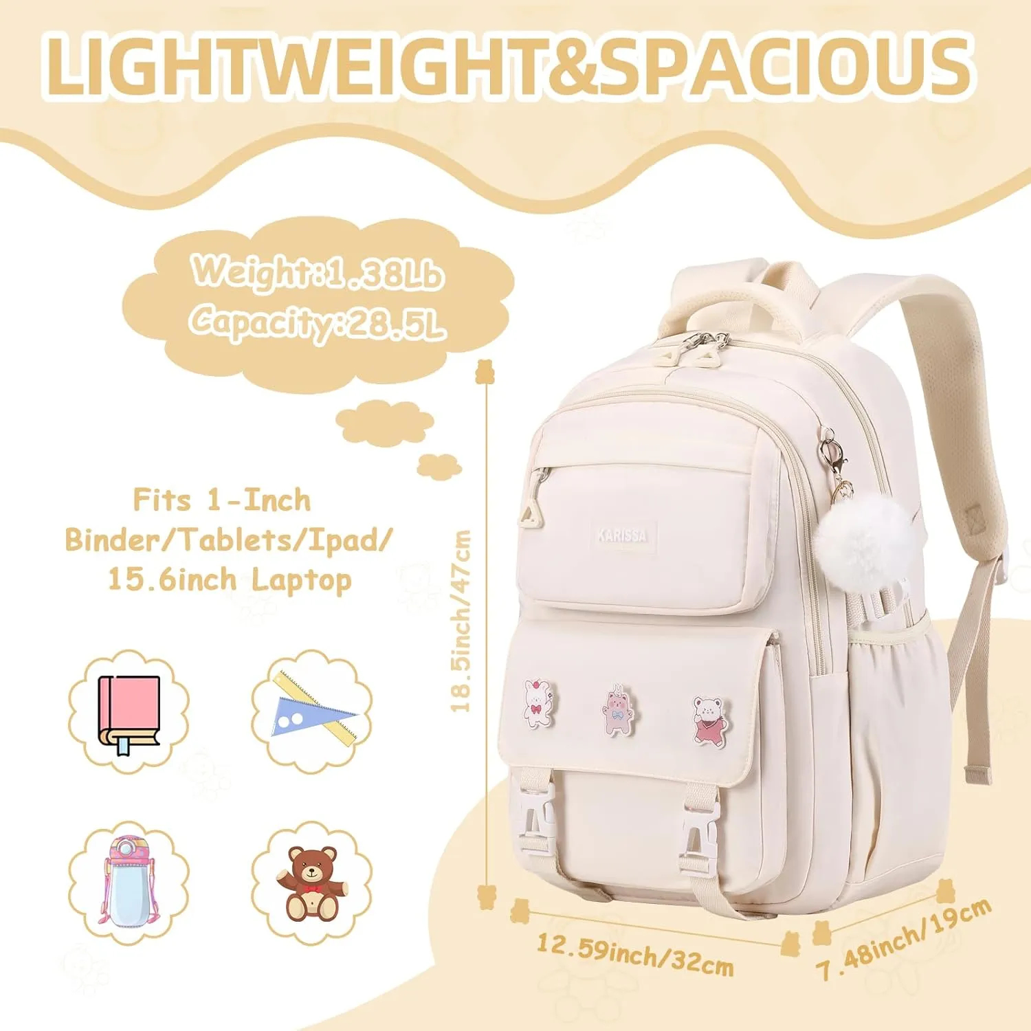 Girls Backpack, Kids Backpack for Girls with Anti-theft Back Pocket, Lightweight School Back Pack, Watrer Resistant, Bookbag for Elementary Primary School, Beige