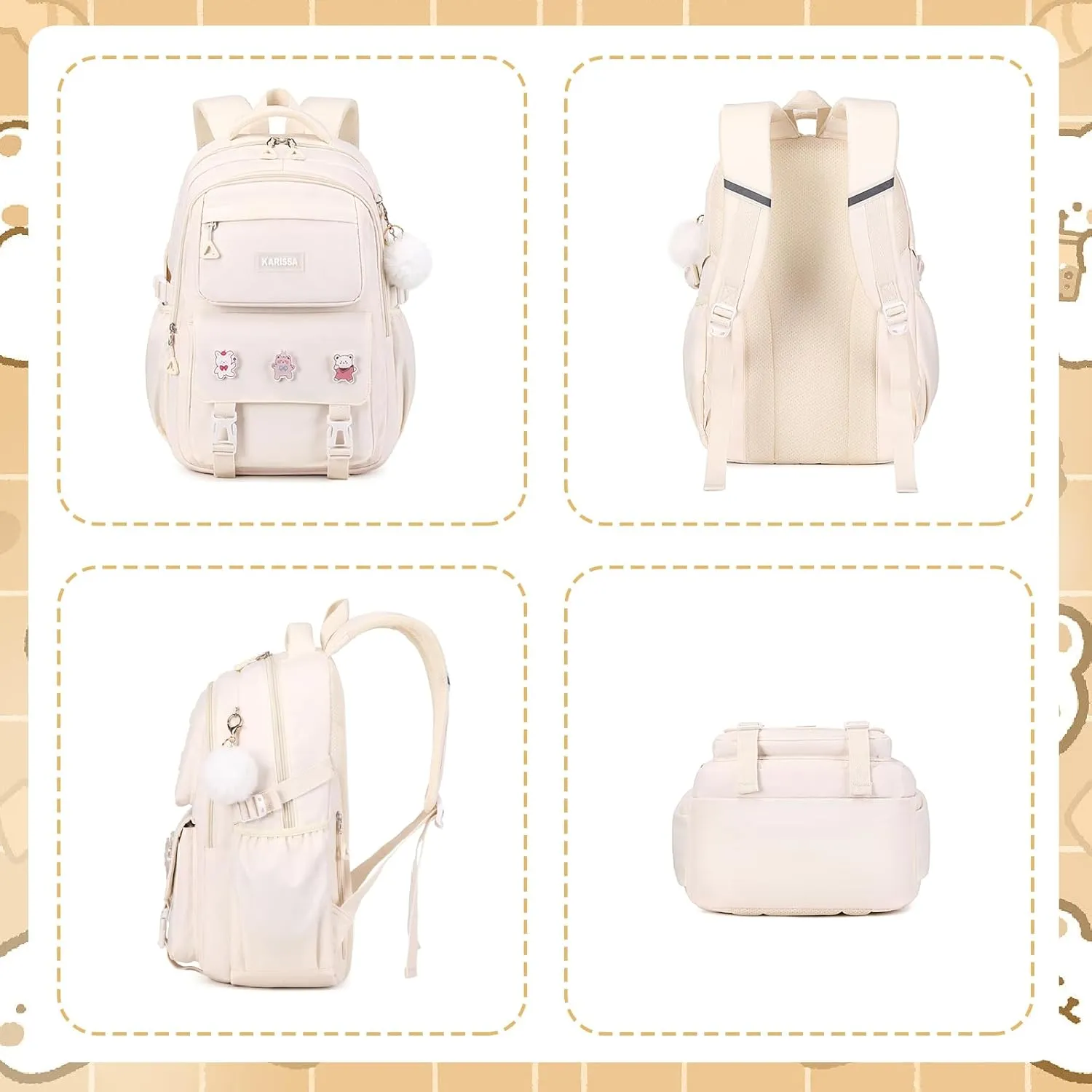 Girls Backpack, Kids Backpack for Girls with Anti-theft Back Pocket, Lightweight School Back Pack, Watrer Resistant, Bookbag for Elementary Primary School, Beige