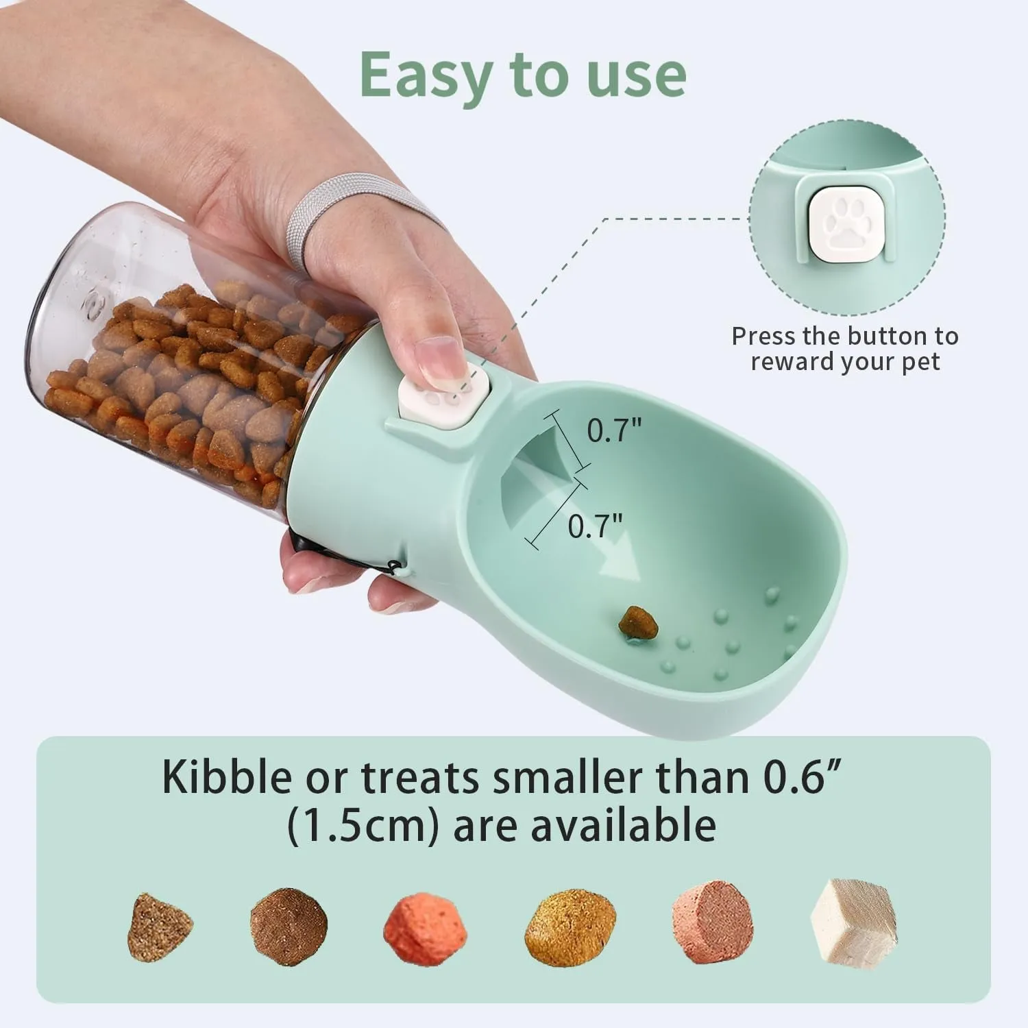 Handheld Dog Feeder Treat Dispenser with Built-In Clicker & Treat Pouch. for Training Walking Hiking Traveling. (6.7 OZ, Green)