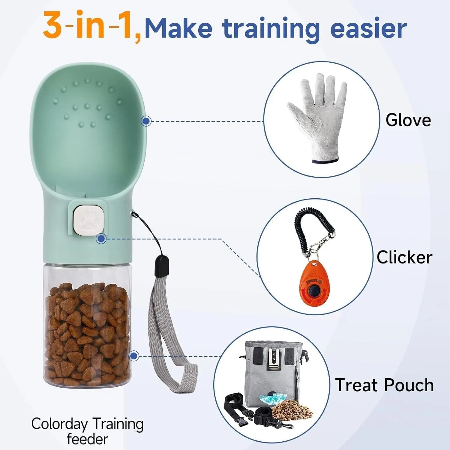 Handheld Dog Feeder Treat Dispenser with Built-In Clicker & Treat Pouch. for Training Walking Hiking Traveling. (6.7 OZ, Green)