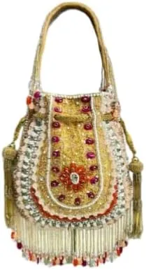 Handmade Beaded Potli Bag  Golden with Red Beads, Traditional Indian Bridal Purse with Tassels | Wedding Drawstring Handbag for Women