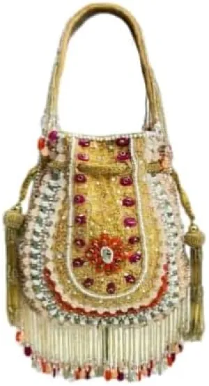 Handmade Beaded Potli Bag  Golden with Red Beads, Traditional Indian Bridal Purse with Tassels | Wedding Drawstring Handbag for Women